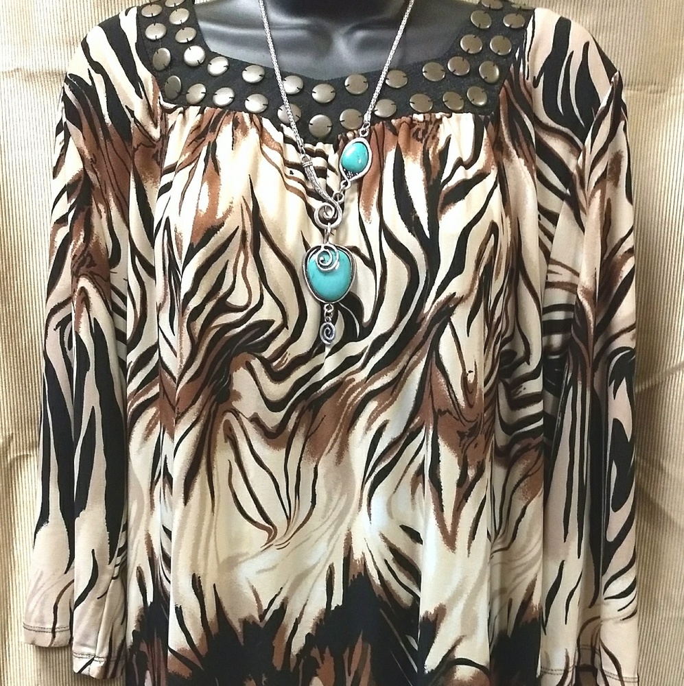 Animal Print Blouse W/Brass Collar Detail